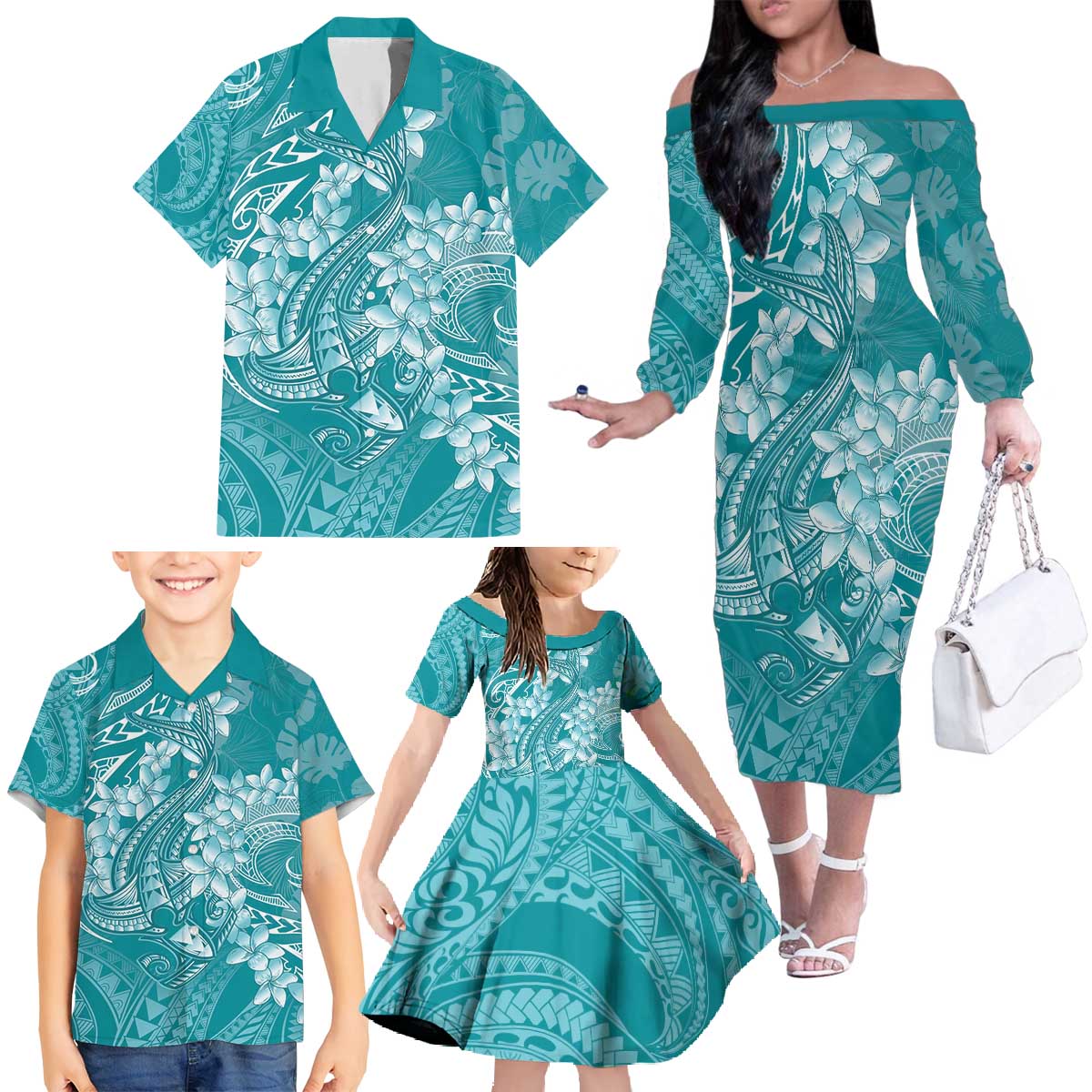 Teal Polynesia Hammerhead Shark Tattoo With Plumeria Lei Family Matching Off The Shoulder Long Sleeve Dress and Hawaiian Shirt