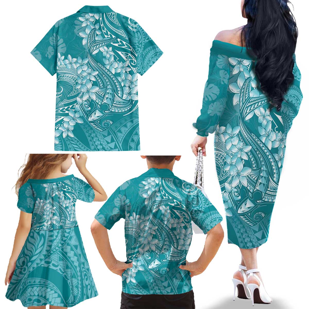 Teal Polynesia Hammerhead Shark Tattoo With Plumeria Lei Family Matching Off The Shoulder Long Sleeve Dress and Hawaiian Shirt