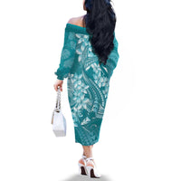 Teal Polynesia Hammerhead Shark Tattoo With Plumeria Lei Family Matching Off The Shoulder Long Sleeve Dress and Hawaiian Shirt