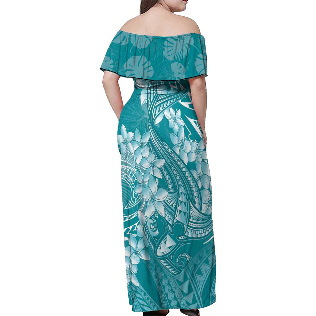 Teal Polynesia Hammerhead Shark Tattoo With Plumeria Lei Family Matching Off Shoulder Maxi Dress and Hawaiian Shirt