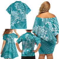 Teal Polynesia Hammerhead Shark Tattoo With Plumeria Lei Family Matching Off Shoulder Short Dress and Hawaiian Shirt