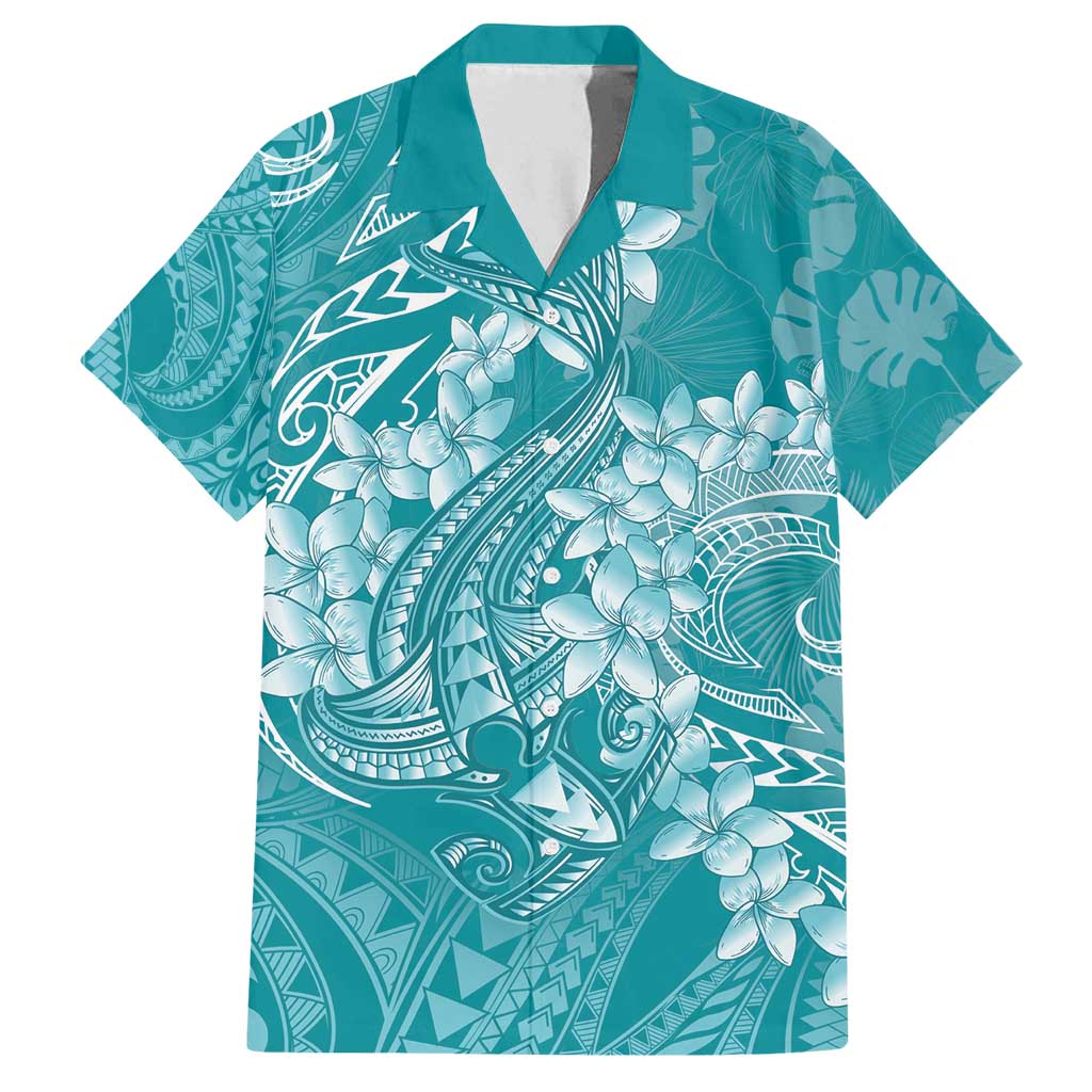 Teal Polynesia Hammerhead Shark Tattoo With Plumeria Lei Family Matching Off Shoulder Short Dress and Hawaiian Shirt