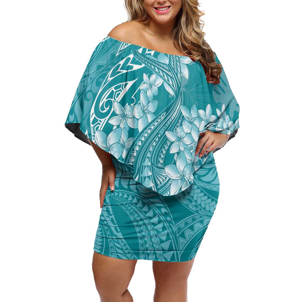 Teal Polynesia Hammerhead Shark Tattoo With Plumeria Lei Family Matching Off Shoulder Short Dress and Hawaiian Shirt