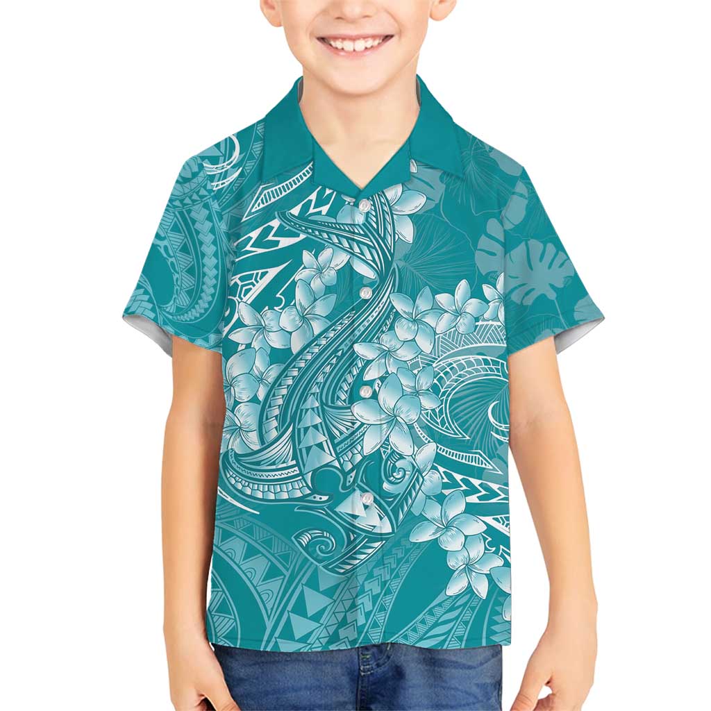 Teal Polynesia Hammerhead Shark Tattoo With Plumeria Lei Family Matching Off Shoulder Short Dress and Hawaiian Shirt