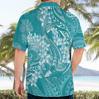 Teal Polynesia Hammerhead Shark Tattoo With Plumeria Lei Hawaiian Shirt
