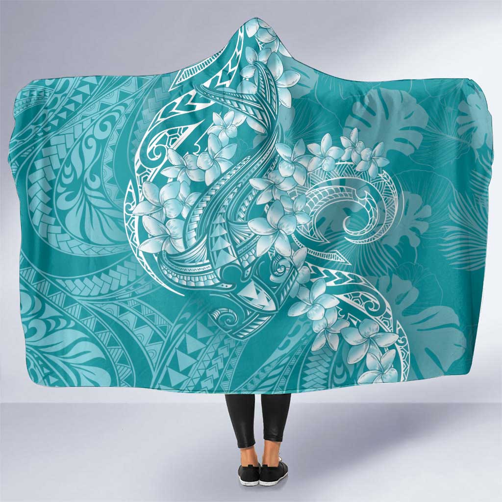 Teal Polynesia Hammerhead Shark Tattoo With Plumeria Lei Hooded Blanket
