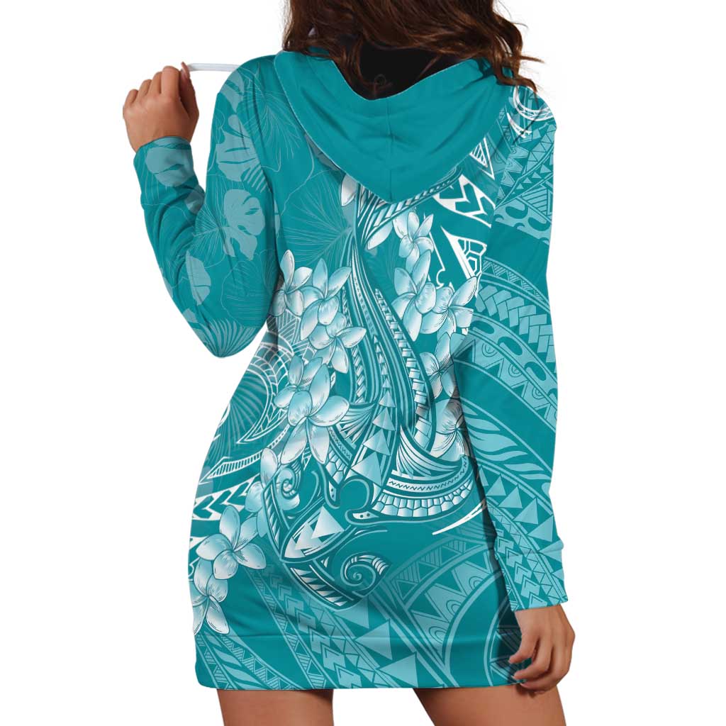 Teal Polynesia Hammerhead Shark Tattoo With Plumeria Lei Hoodie Dress