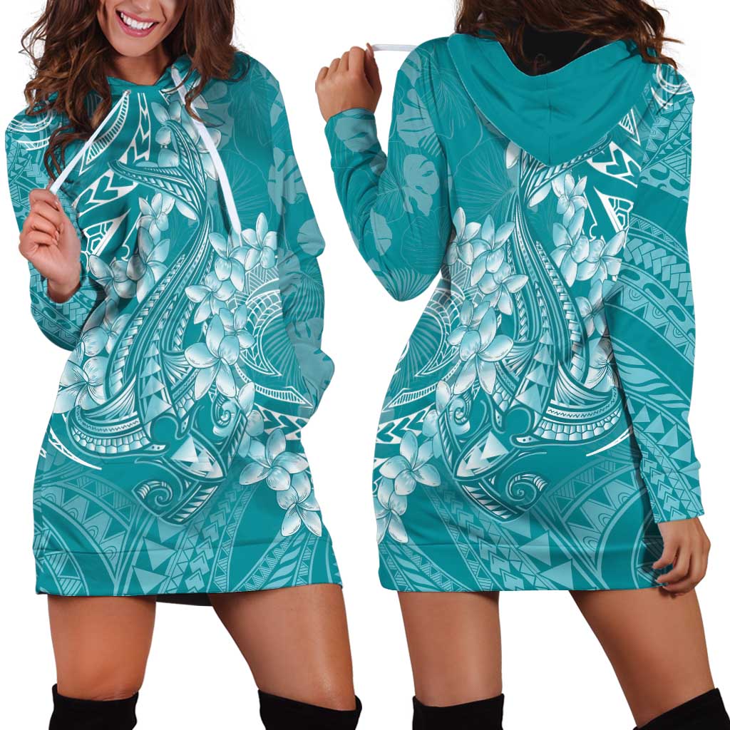 Teal Polynesia Hammerhead Shark Tattoo With Plumeria Lei Hoodie Dress