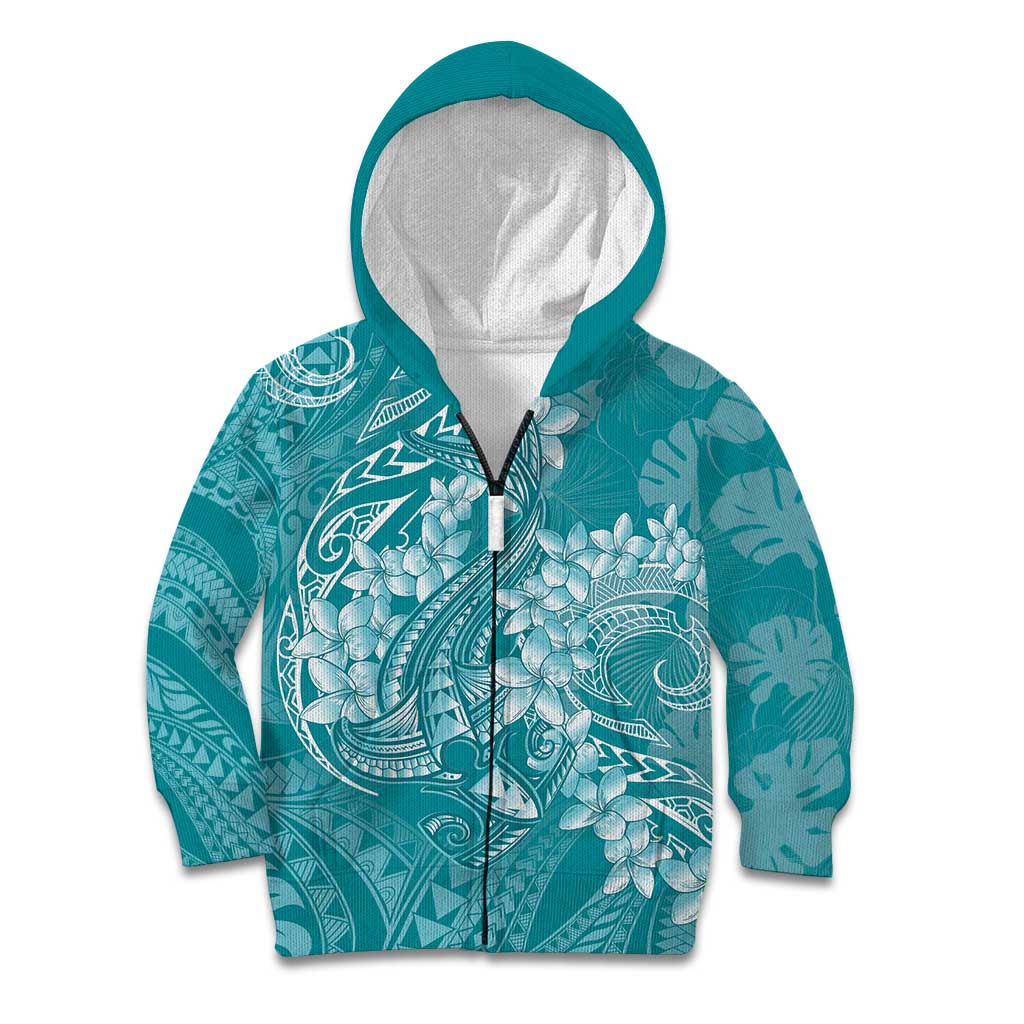 Teal Polynesia Hammerhead Shark Tattoo With Plumeria Lei Kid Hoodie