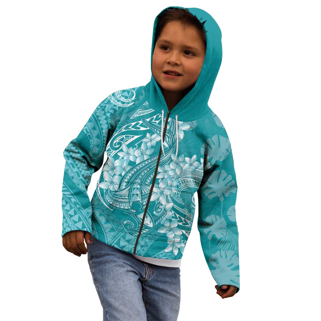 Teal Polynesia Hammerhead Shark Tattoo With Plumeria Lei Kid Hoodie