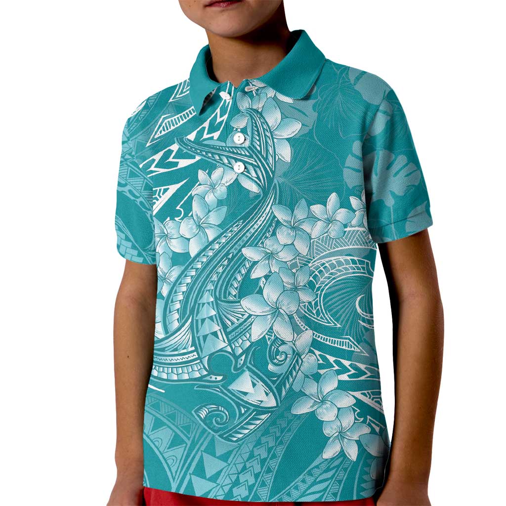 Teal Polynesia Hammerhead Shark Tattoo With Plumeria Lei Kid Polo Shirt LT14 Kid Teal - Polynesian Pride