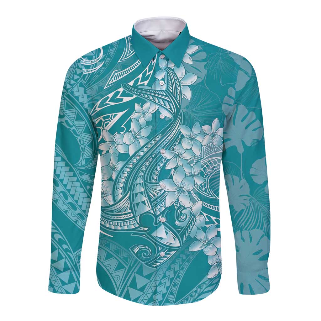 Teal Polynesia Hammerhead Shark Tattoo With Plumeria Lei Long Sleeve Button Shirt LT14 Unisex Teal - Polynesian Pride