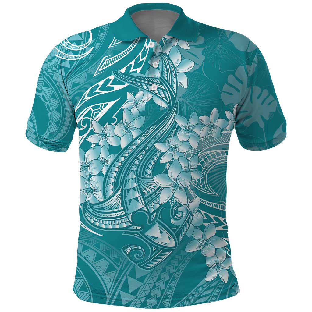Teal Polynesia Hammerhead Shark Tattoo With Plumeria Lei Polo Shirt