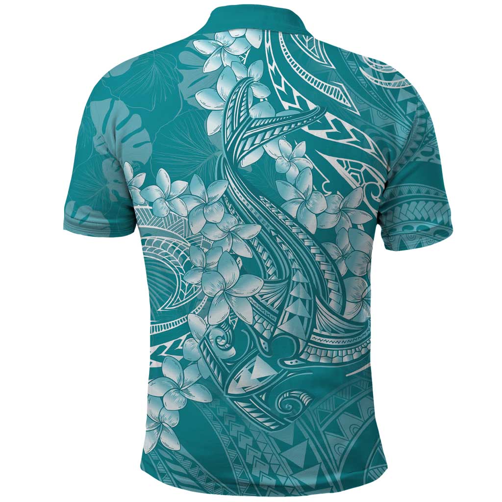Teal Polynesia Hammerhead Shark Tattoo With Plumeria Lei Polo Shirt