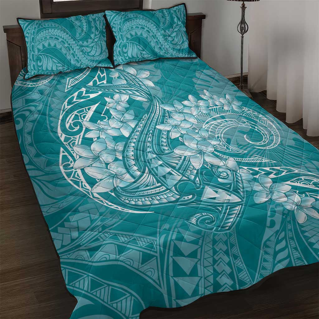 Teal Polynesia Hammerhead Shark Tattoo With Plumeria Lei Quilt Bed Set