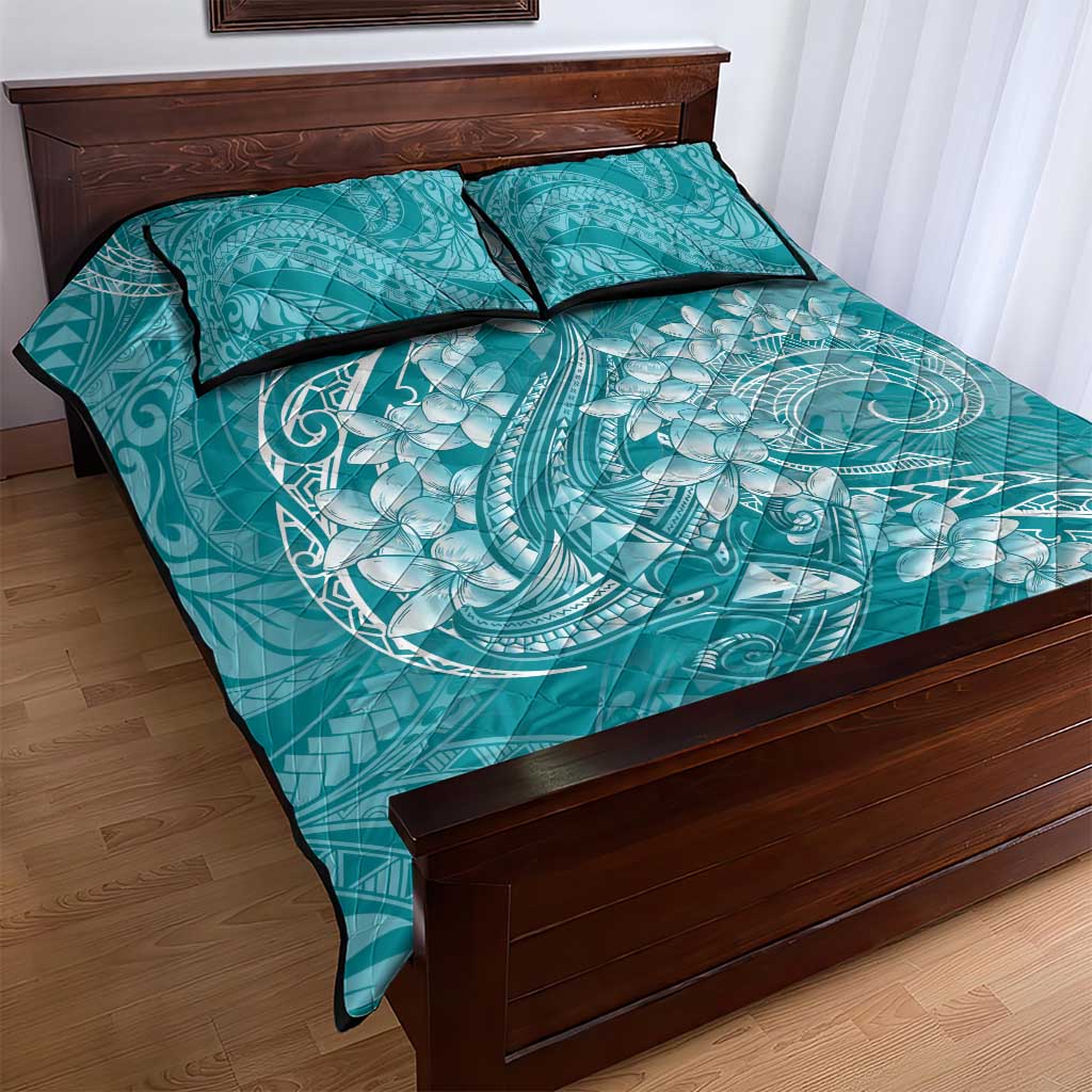 Teal Polynesia Hammerhead Shark Tattoo With Plumeria Lei Quilt Bed Set