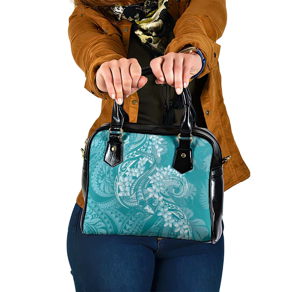 Teal Polynesia Hammerhead Shark Tattoo With Plumeria Lei Shoulder Handbag
