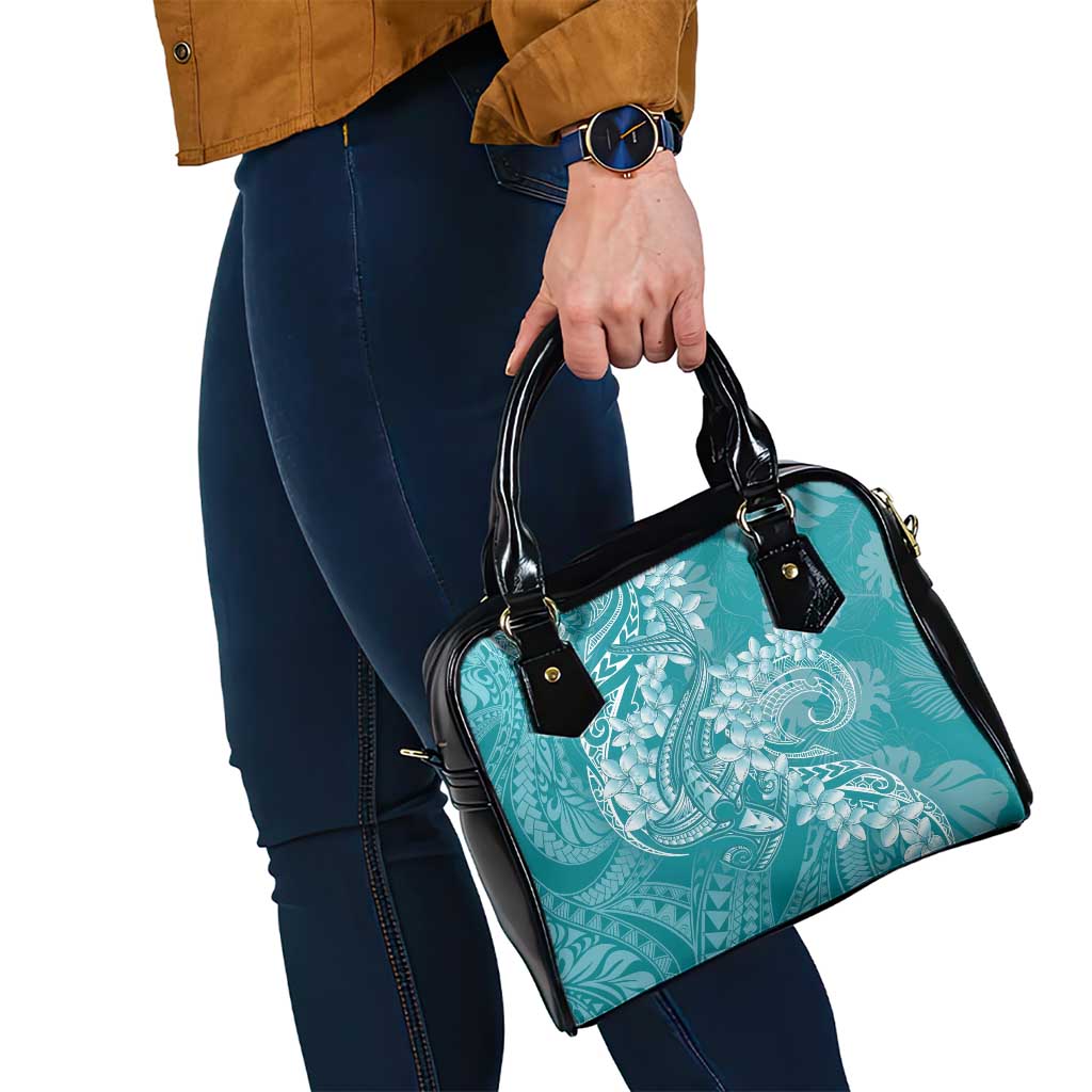 Teal Polynesia Hammerhead Shark Tattoo With Plumeria Lei Shoulder Handbag
