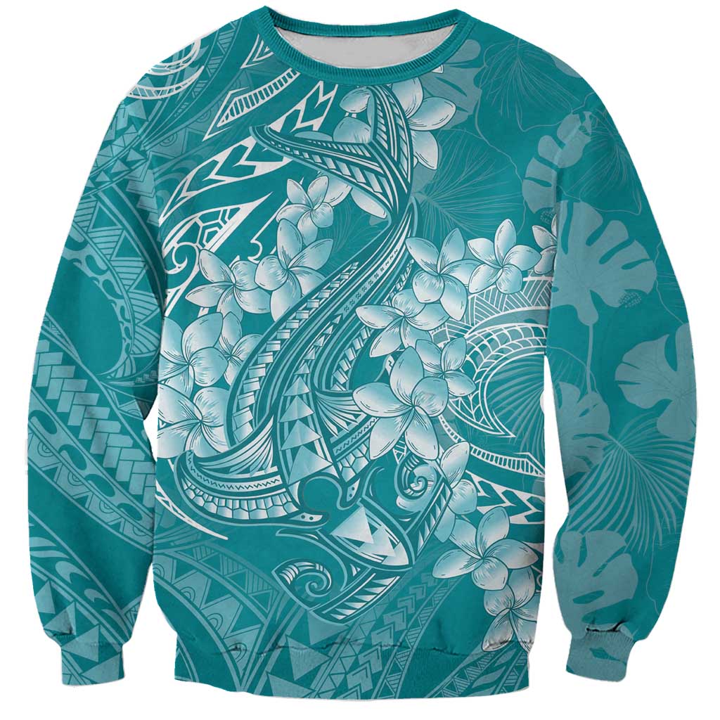 Teal Polynesia Hammerhead Shark Tattoo With Plumeria Lei Sweatshirt LT14 Unisex Teal - Polynesian Pride