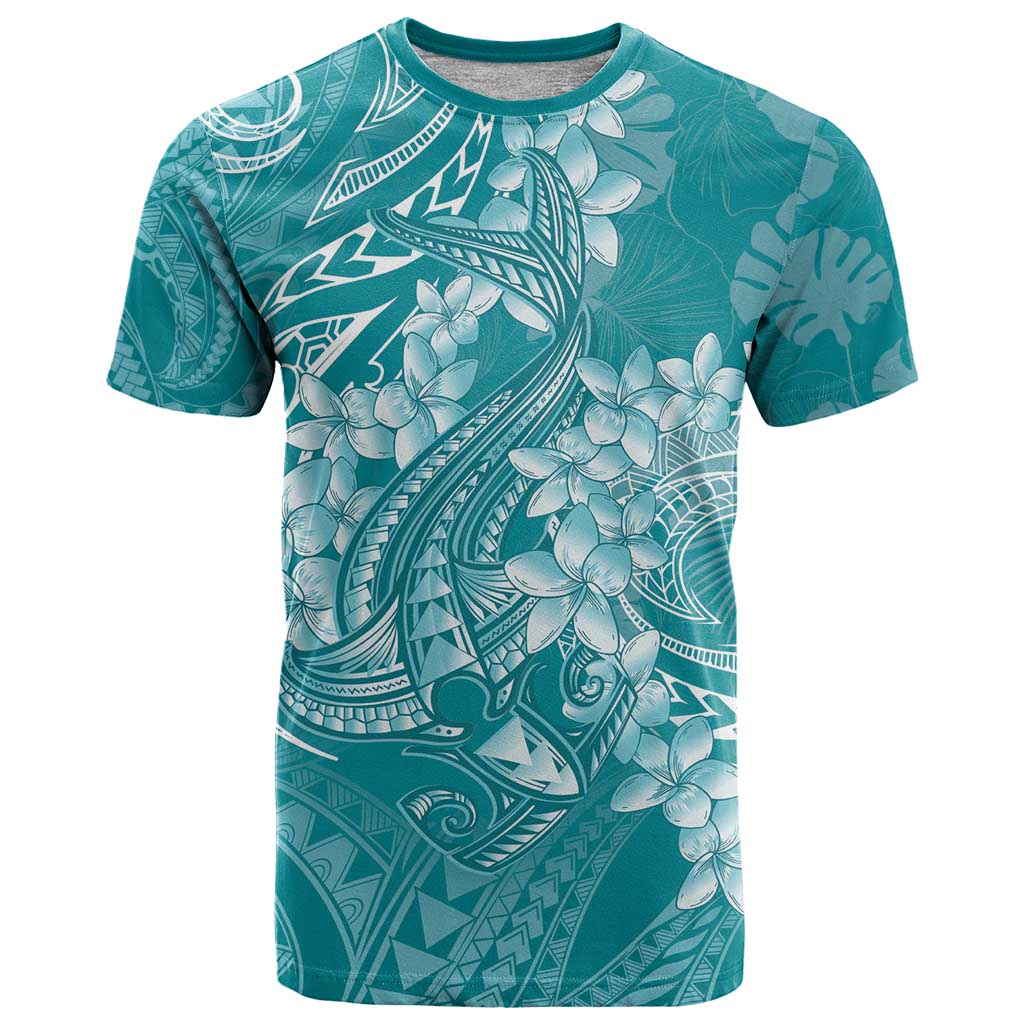 Teal Polynesia Hammerhead Shark Tattoo With Plumeria Lei T Shirt LT14 Teal - Polynesian Pride