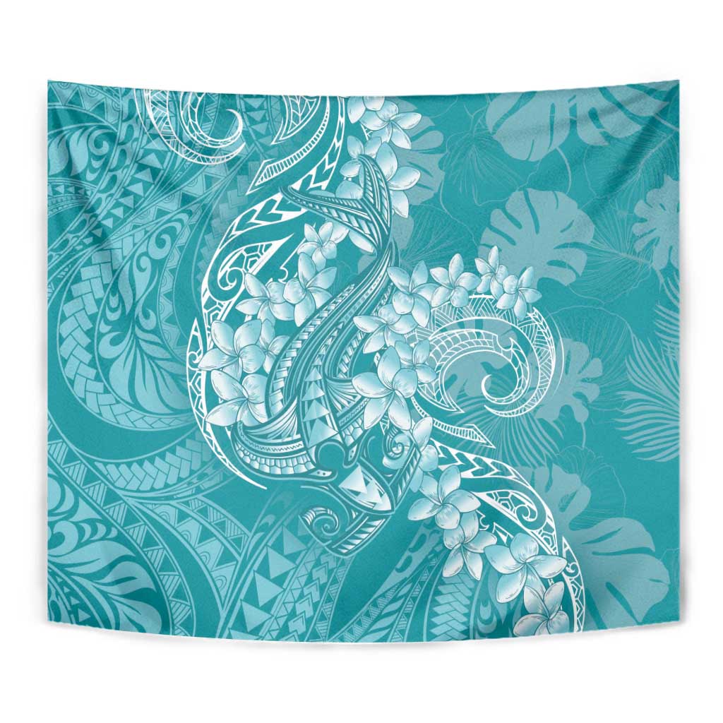Teal Polynesia Hammerhead Shark Tattoo With Plumeria Lei Tapestry