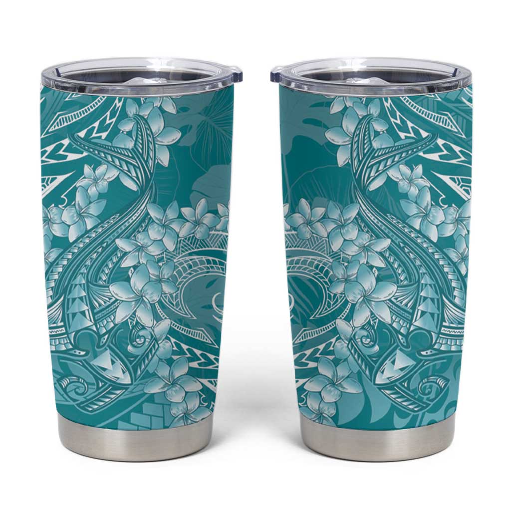Teal Polynesia Hammerhead Shark Tattoo With Plumeria Lei Tumbler Cup LT14 Teal - Polynesian Pride