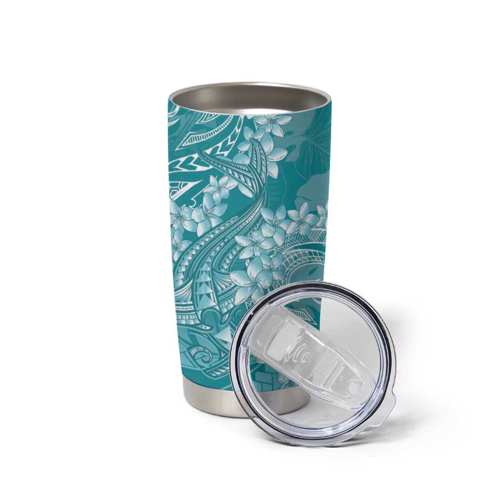 Teal Polynesia Hammerhead Shark Tattoo With Plumeria Lei Tumbler Cup LT14 - Polynesian Pride