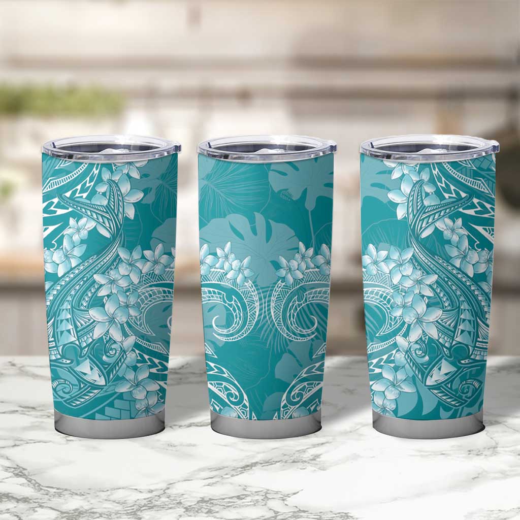 Teal Polynesia Hammerhead Shark Tattoo With Plumeria Lei Tumbler Cup LT14 - Polynesian Pride