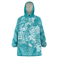 Teal Polynesia Hammerhead Shark Tattoo With Plumeria Lei Wearable Blanket Hoodie