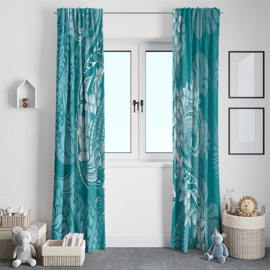 Teal Polynesia Hammerhead Shark Tattoo With Plumeria Lei Window Curtain