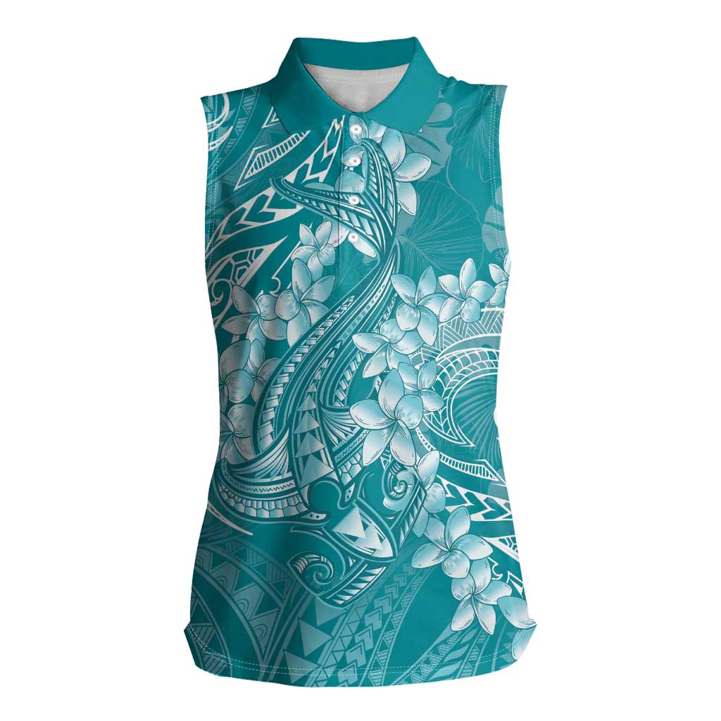Teal Polynesia Hammerhead Shark Tattoo With Plumeria Lei Women Sleeveless Polo Shirt LT14 Female Teal - Polynesian Pride