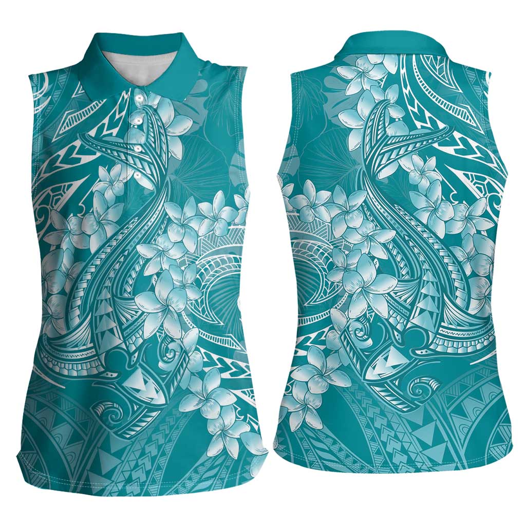 Teal Polynesia Hammerhead Shark Tattoo With Plumeria Lei Women Sleeveless Polo Shirt LT14 - Polynesian Pride