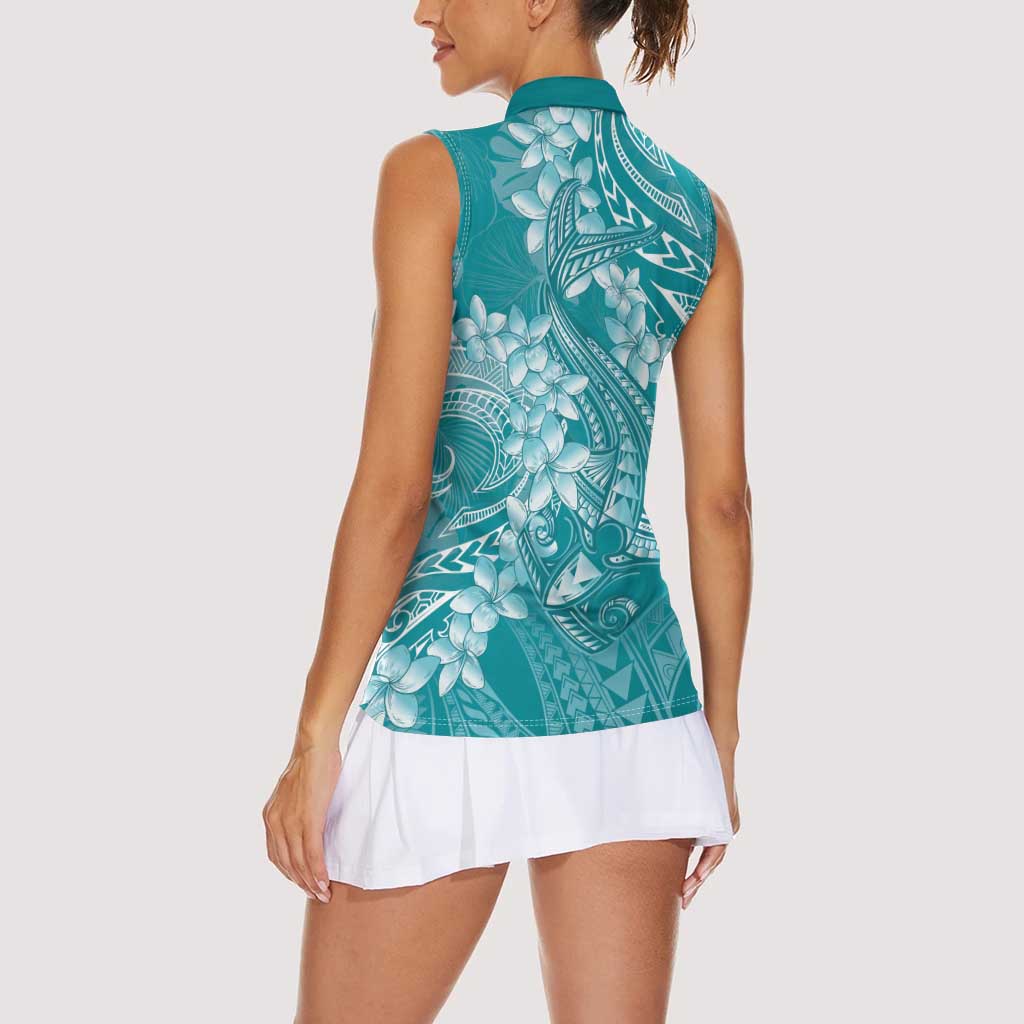 Teal Polynesia Hammerhead Shark Tattoo With Plumeria Lei Women Sleeveless Polo Shirt LT14 - Polynesian Pride