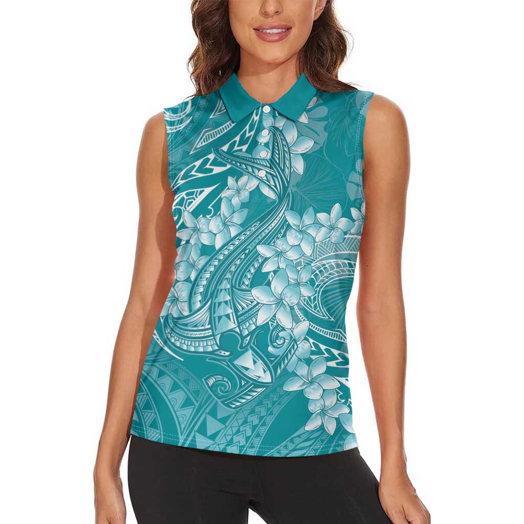 Teal Polynesia Hammerhead Shark Tattoo With Plumeria Lei Women Sleeveless Polo Shirt LT14 - Polynesian Pride