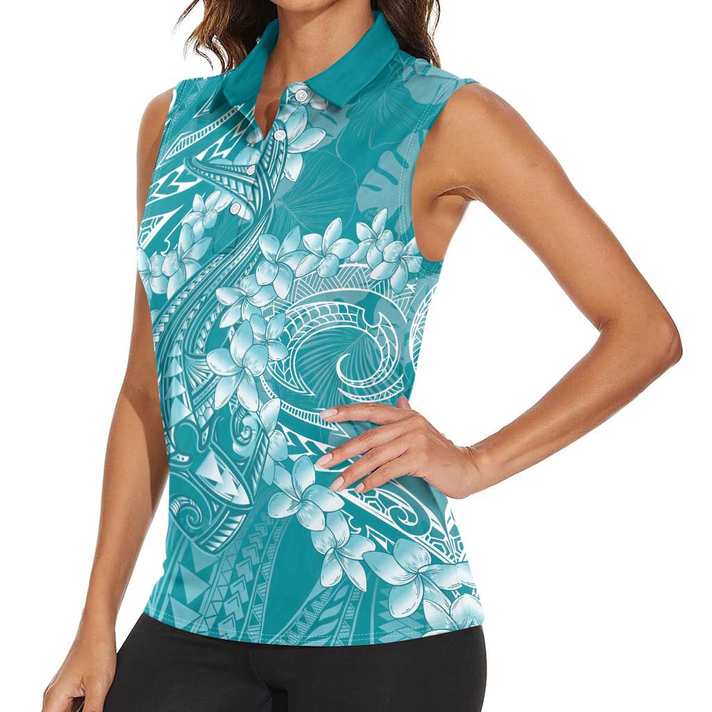 Teal Polynesia Hammerhead Shark Tattoo With Plumeria Lei Women Sleeveless Polo Shirt LT14 - Polynesian Pride