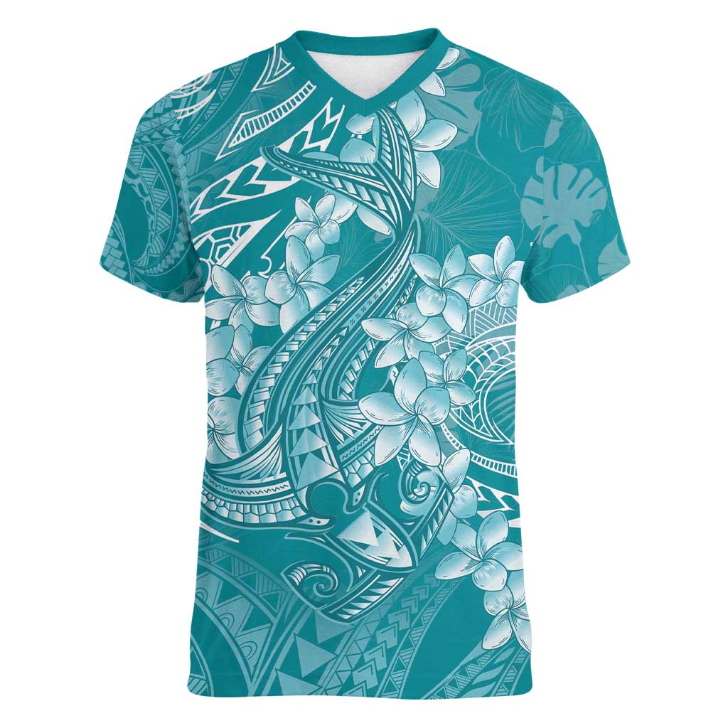 Teal Polynesia Hammerhead Shark Tattoo With Plumeria Lei Women V-Neck T-Shirt LT14 Female Teal - Polynesian Pride