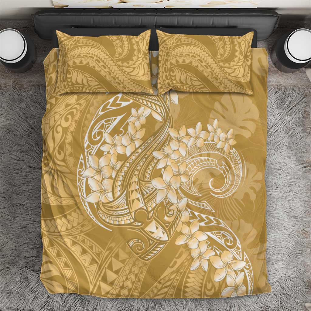 Yellow Polynesia Hammerhead Shark Tattoo With Plumeria Lei Bedding Set
