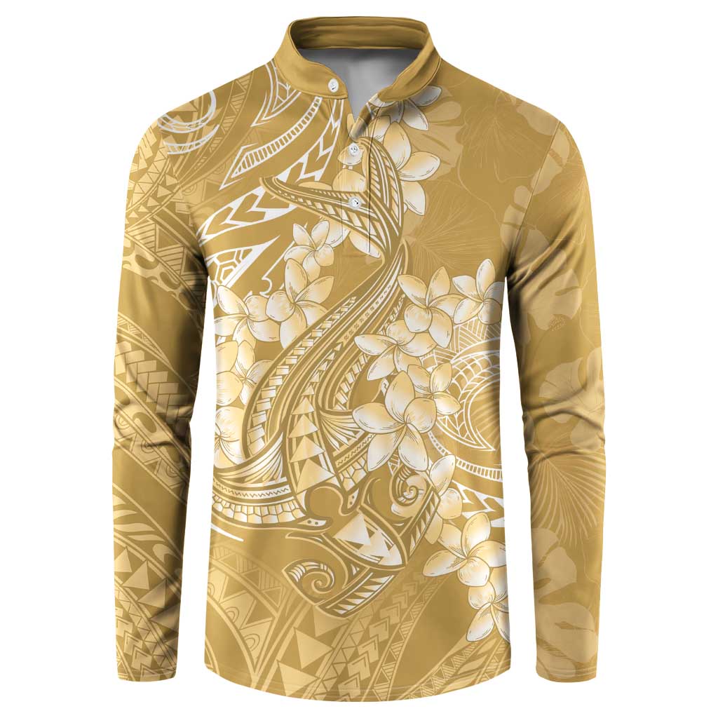 Yellow Polynesia Hammerhead Shark Tattoo With Plumeria Lei Button Sweatshirt