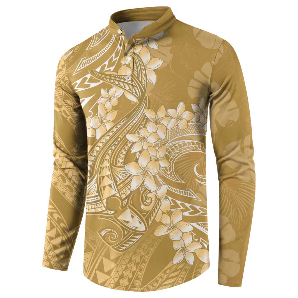 Yellow Polynesia Hammerhead Shark Tattoo With Plumeria Lei Button Sweatshirt