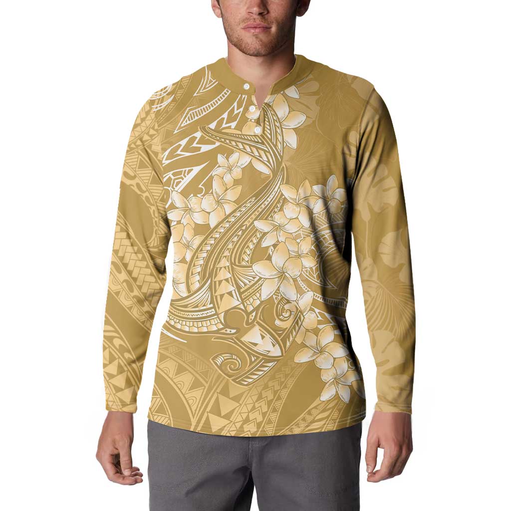 Yellow Polynesia Hammerhead Shark Tattoo With Plumeria Lei Button Sweatshirt