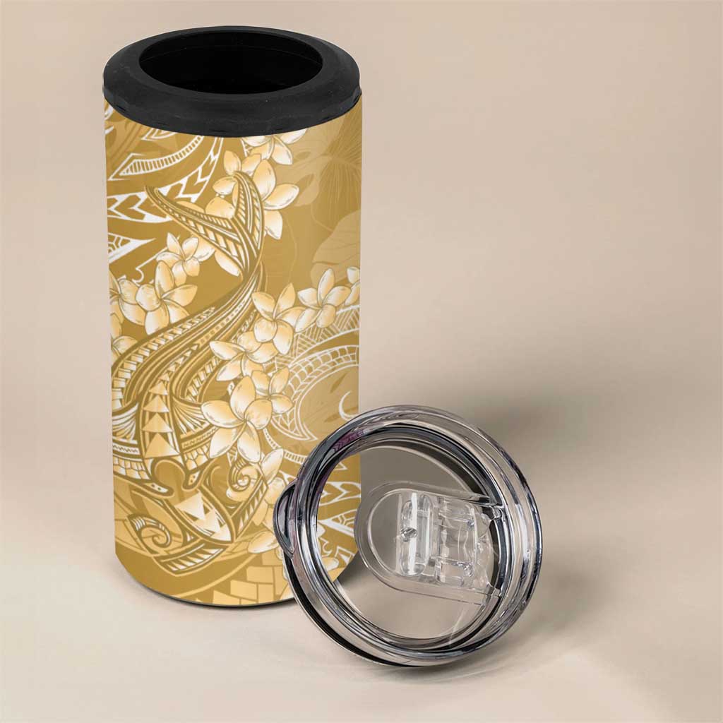 Yellow Polynesia Hammerhead Shark Tattoo With Plumeria Lei 4 in 1 Can Cooler Tumbler