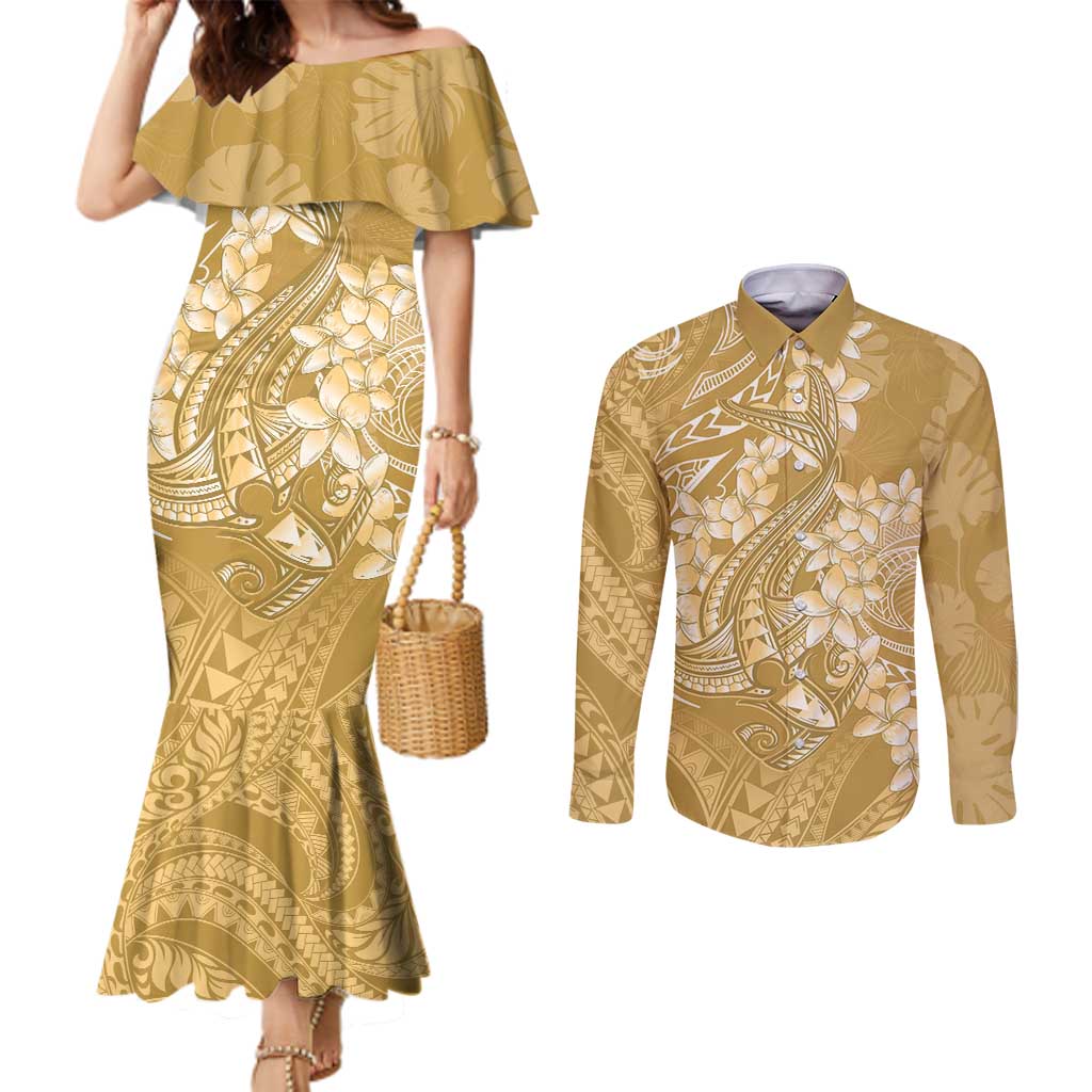 Yellow Polynesia Hammerhead Shark Tattoo With Plumeria Lei Couples Matching Mermaid Dress and Long Sleeve Button Shirt LT14 Yellow - Polynesian Pride