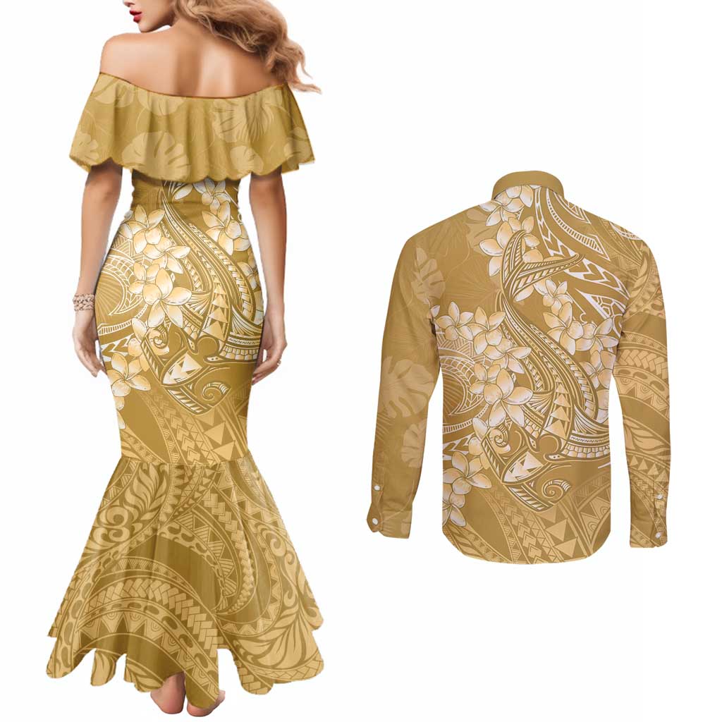 Yellow Polynesia Hammerhead Shark Tattoo With Plumeria Lei Couples Matching Mermaid Dress and Long Sleeve Button Shirt LT14 - Polynesian Pride
