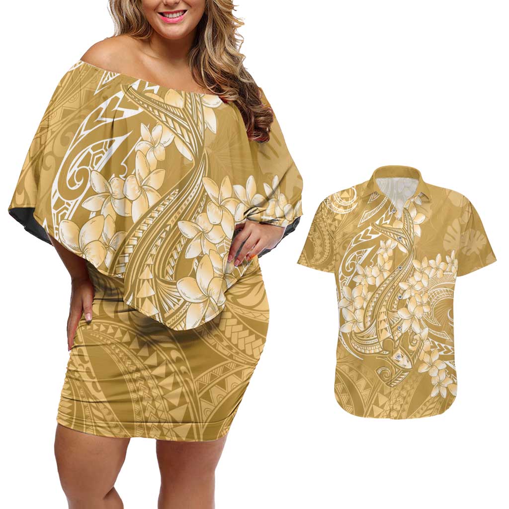 Yellow Polynesia Hammerhead Shark Tattoo With Plumeria Lei Couples Matching Off Shoulder Short Dress and Hawaiian Shirt