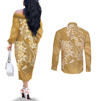 Yellow Polynesia Hammerhead Shark Tattoo With Plumeria Lei Couples Matching Off The Shoulder Long Sleeve Dress and Long Sleeve Button Shirt LT14 - Polynesian Pride