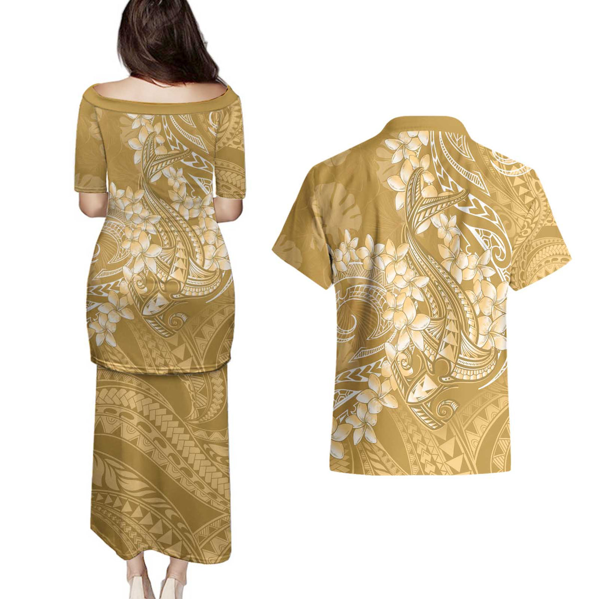 Yellow Polynesia Hammerhead Shark Tattoo With Plumeria Lei Couples Matching Puletasi and Hawaiian Shirt