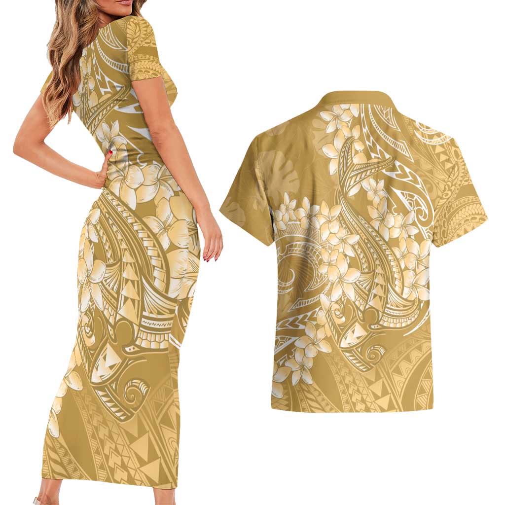 Yellow Polynesia Hammerhead Shark Tattoo With Plumeria Lei Couples Matching Short Sleeve Bodycon Dress and Hawaiian Shirt