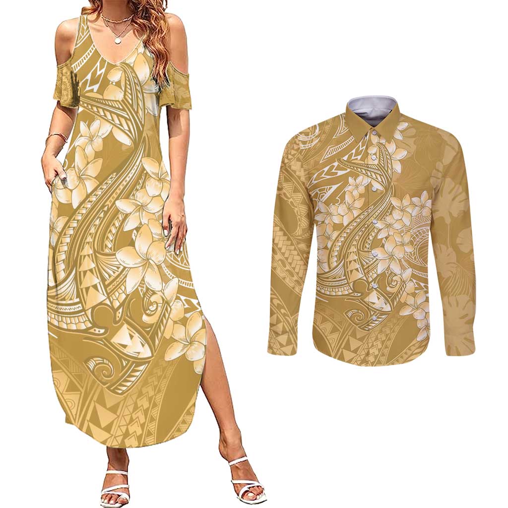 Yellow Polynesia Hammerhead Shark Tattoo With Plumeria Lei Couples Matching Summer Maxi Dress and Long Sleeve Button Shirt LT14 Yellow - Polynesian Pride