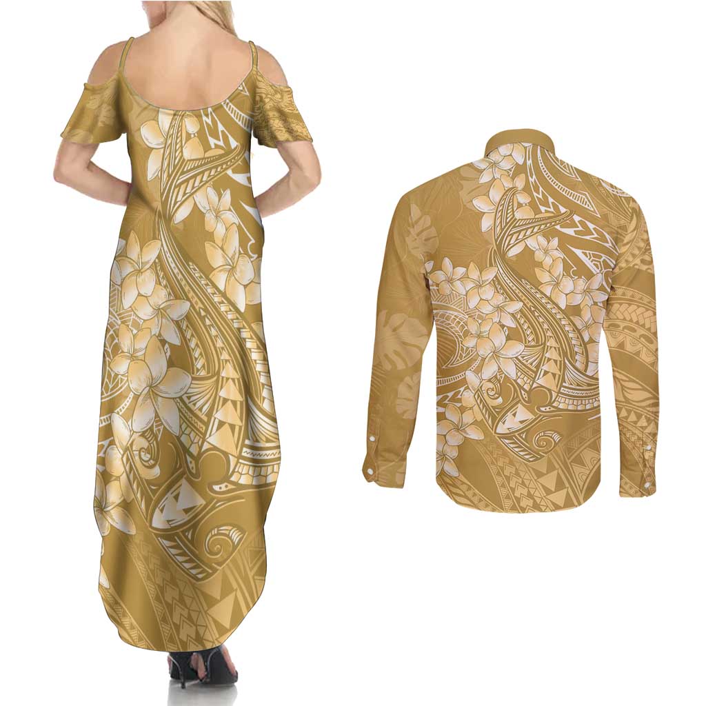 Yellow Polynesia Hammerhead Shark Tattoo With Plumeria Lei Couples Matching Summer Maxi Dress and Long Sleeve Button Shirt LT14 - Polynesian Pride