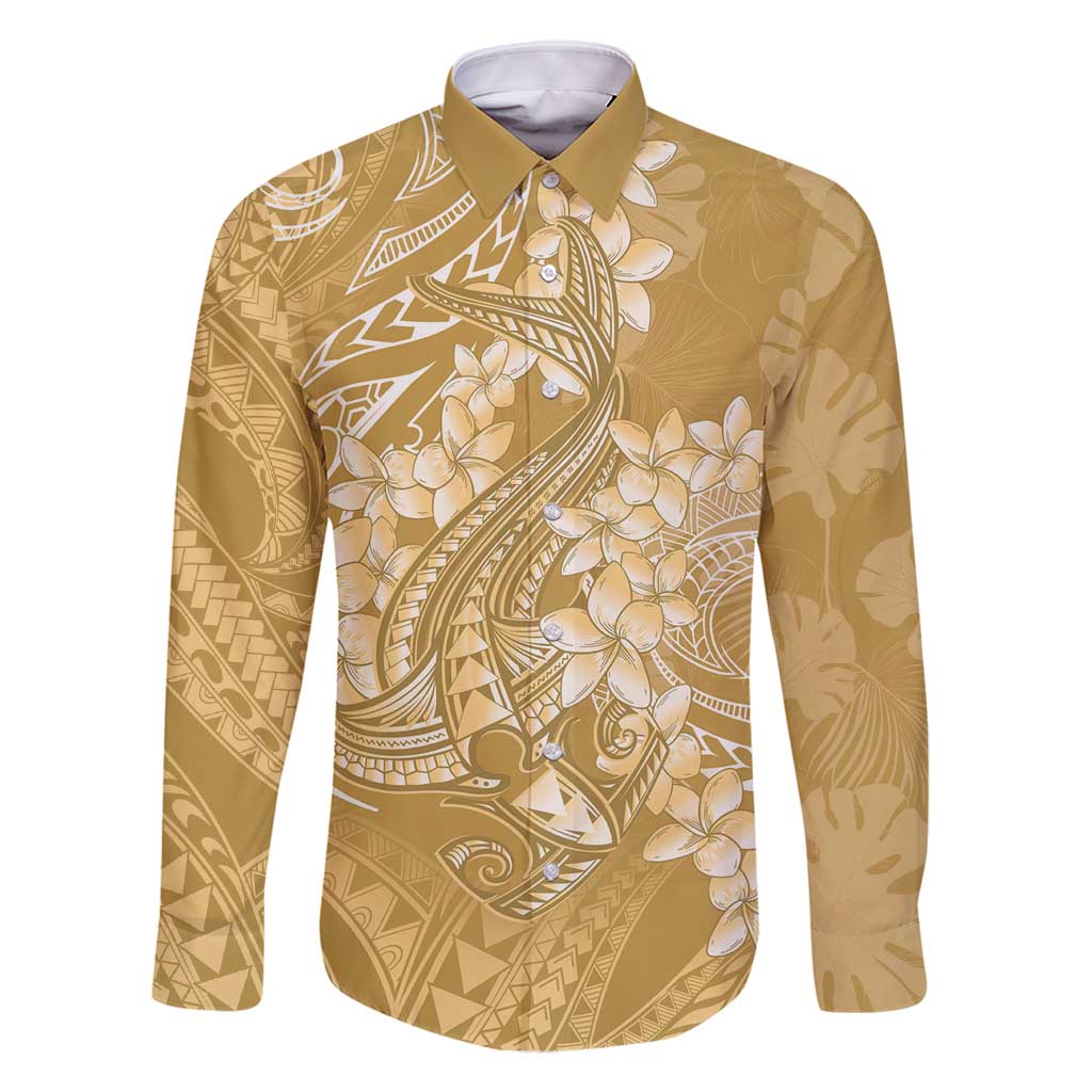 Yellow Polynesia Hammerhead Shark Tattoo With Plumeria Lei Family Matching Long Sleeve Bodycon Dress and Hawaiian Shirt